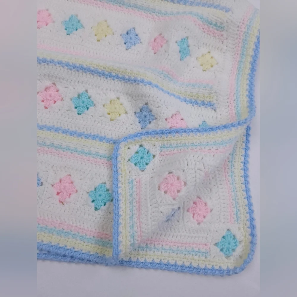 Handmade White And Pastel Pink Blue Yellow 30x33 Inch Crib Baby Blanket